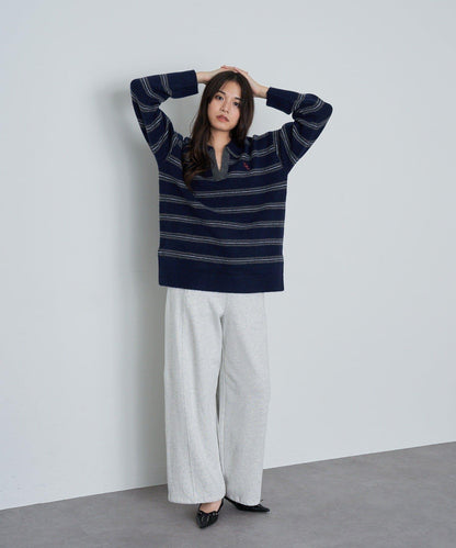 條紋翻領刺繡針織衫