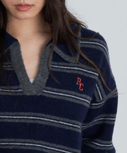 條紋翻領刺繡針織衫