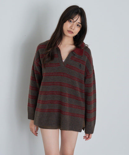 條紋翻領刺繡針織衫