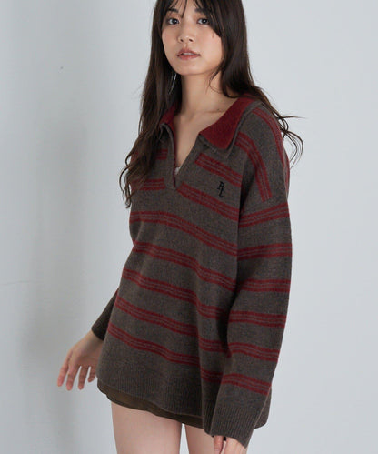 條紋翻領刺繡針織衫