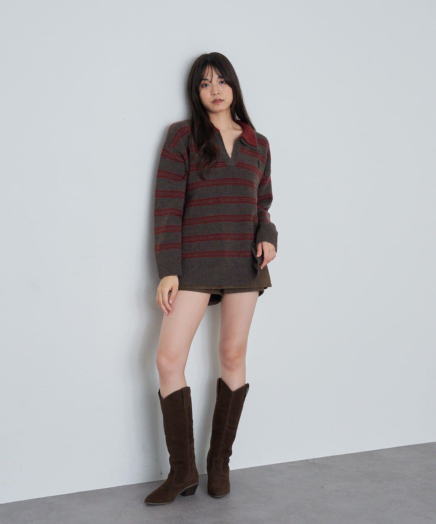 條紋翻領刺繡針織衫