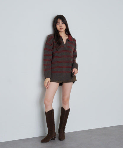 條紋翻領刺繡針織衫