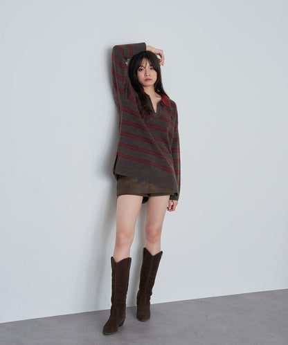 條紋翻領刺繡針織衫