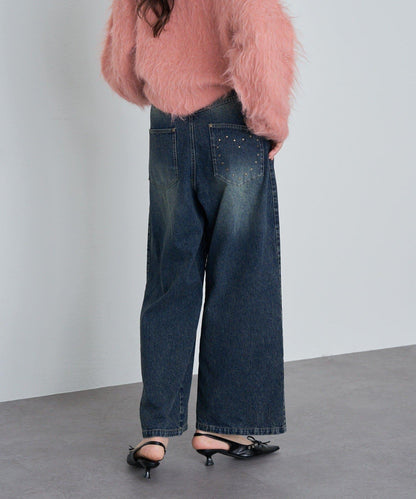 鉚釘裝飾寬鬆牛仔褲