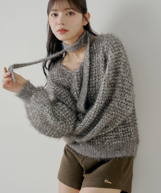 【Chico】帶領帶混色寬鬆針織衫