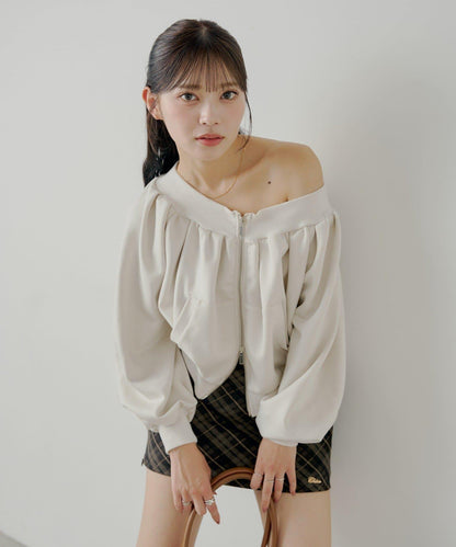 【Chico】2WAY一字肩雙拉鍊衛衣