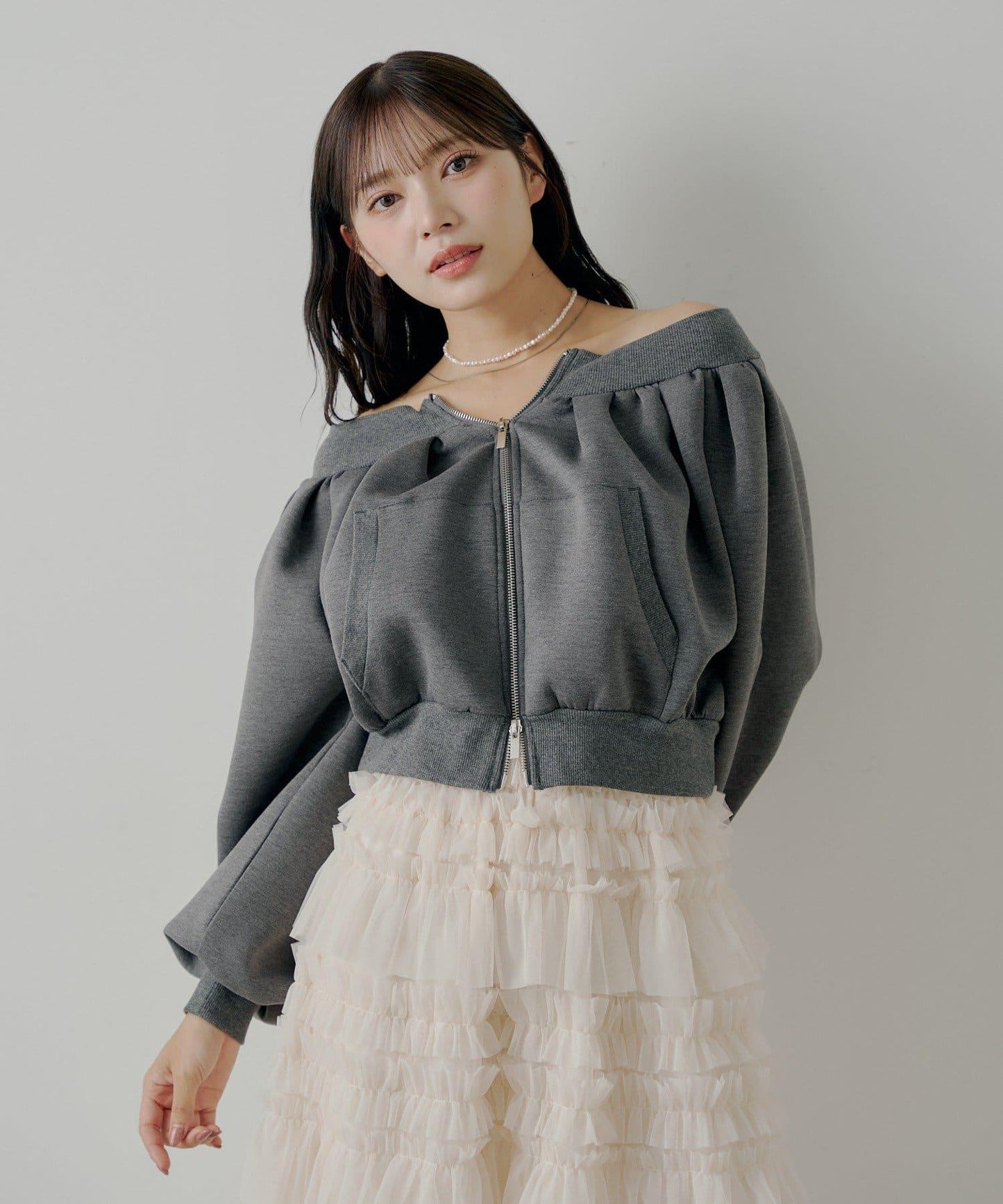 【Chico】2WAY一字肩雙拉鍊衛衣