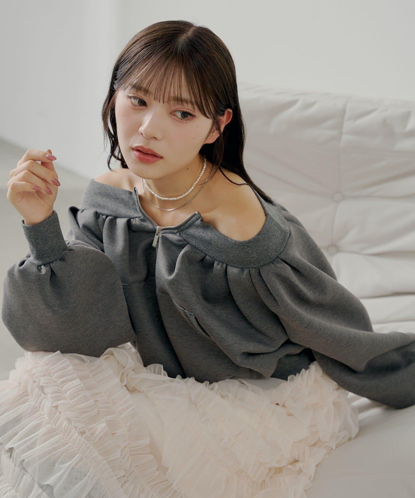 【Chico】2WAY一字肩雙拉鍊衛衣