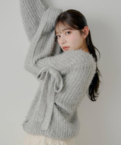 【Chico】袖部蝴蝶結寬鬆羅紋開衫