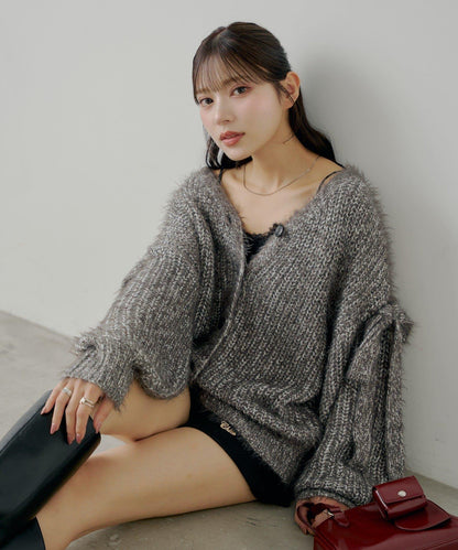 【Chico】袖部蝴蝶結寬鬆羅紋開衫