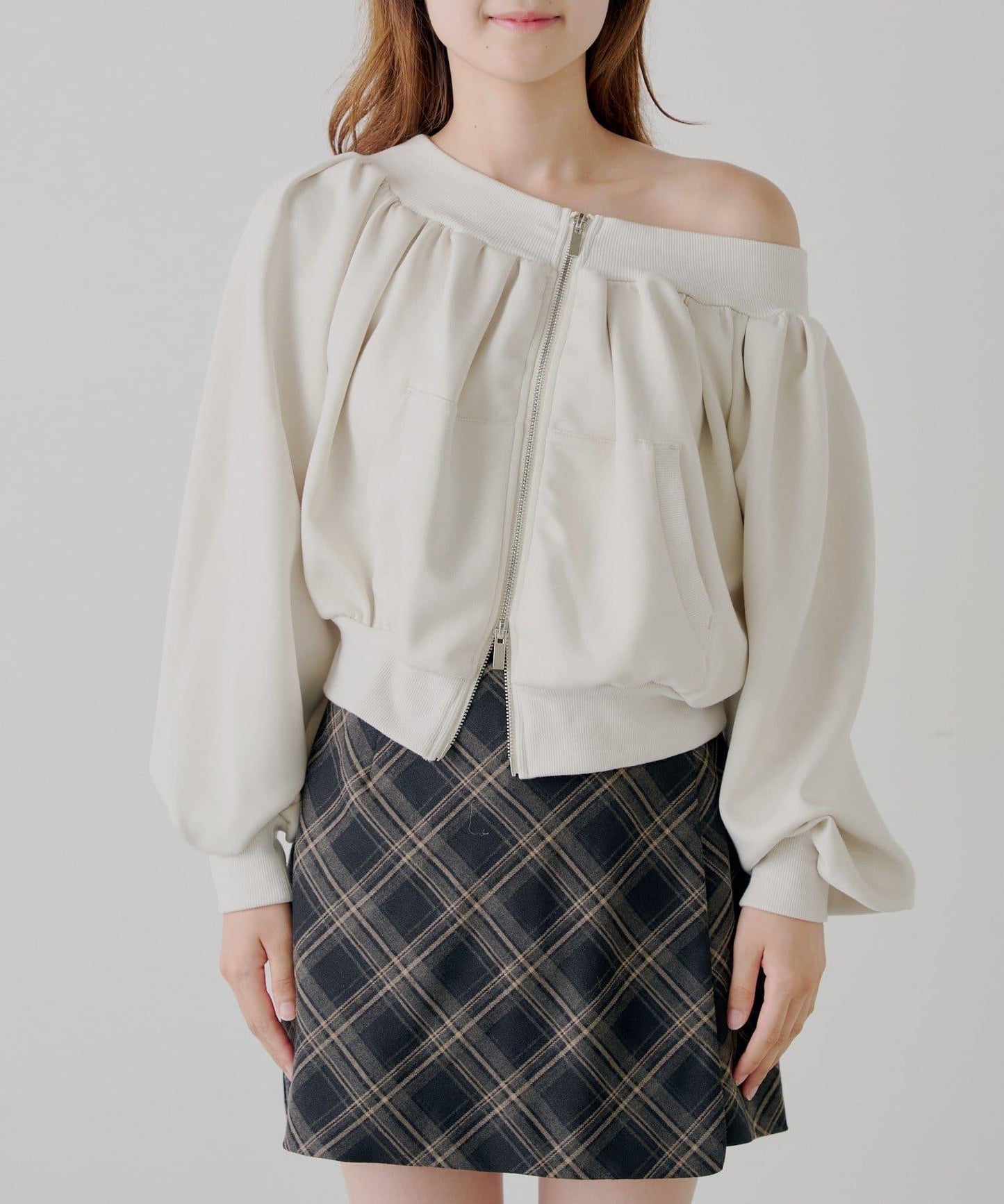 【Chico】2WAY一字肩雙拉鍊衛衣