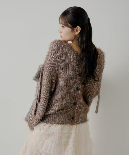 【Chico】袖部蝴蝶結寬鬆羅紋開衫