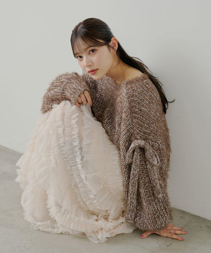 【Chico】袖部蝴蝶結寬鬆羅紋開衫