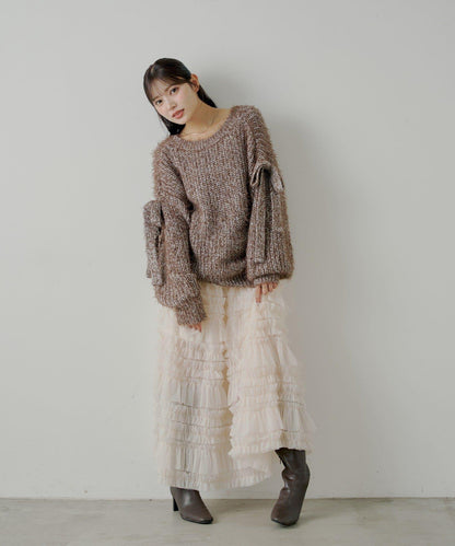 【Chico】袖部蝴蝶結寬鬆羅紋開衫