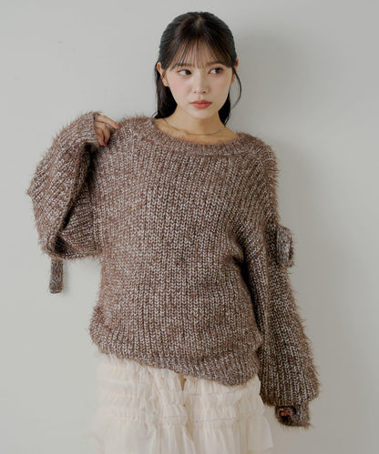 【Chico】袖部蝴蝶結寬鬆羅紋開衫