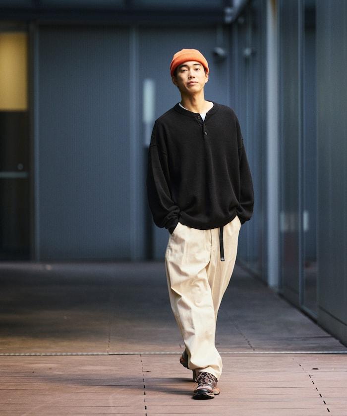 寬鬆版型 單面羅紋拼接 亨利領 針織衫