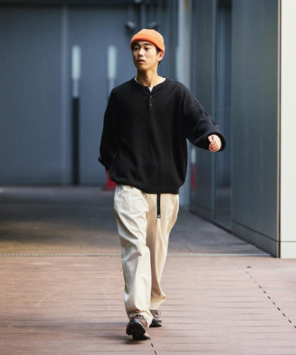 寬鬆版型 單面羅紋拼接 亨利領 針織衫
