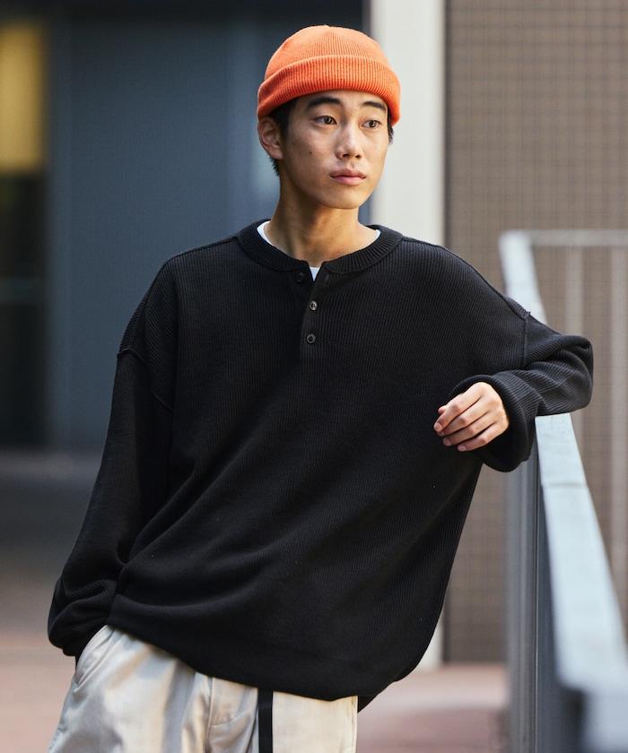 寬鬆版型 單面羅紋拼接 亨利領 針織衫