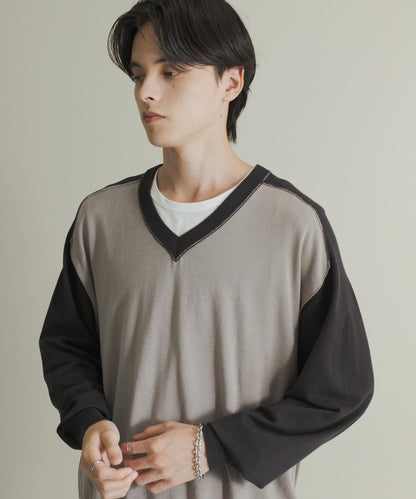 撞色V領針織衫