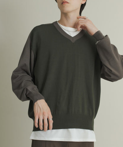 撞色V領針織衫