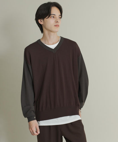撞色V領針織衫