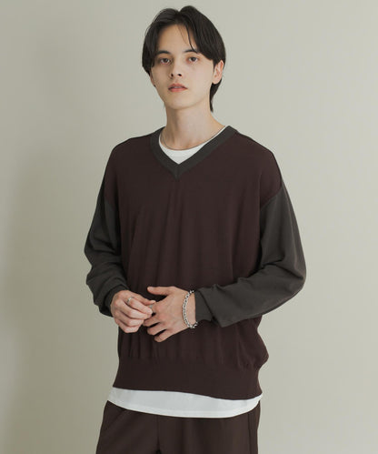 撞色V領針織衫