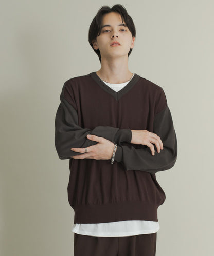 撞色V領針織衫