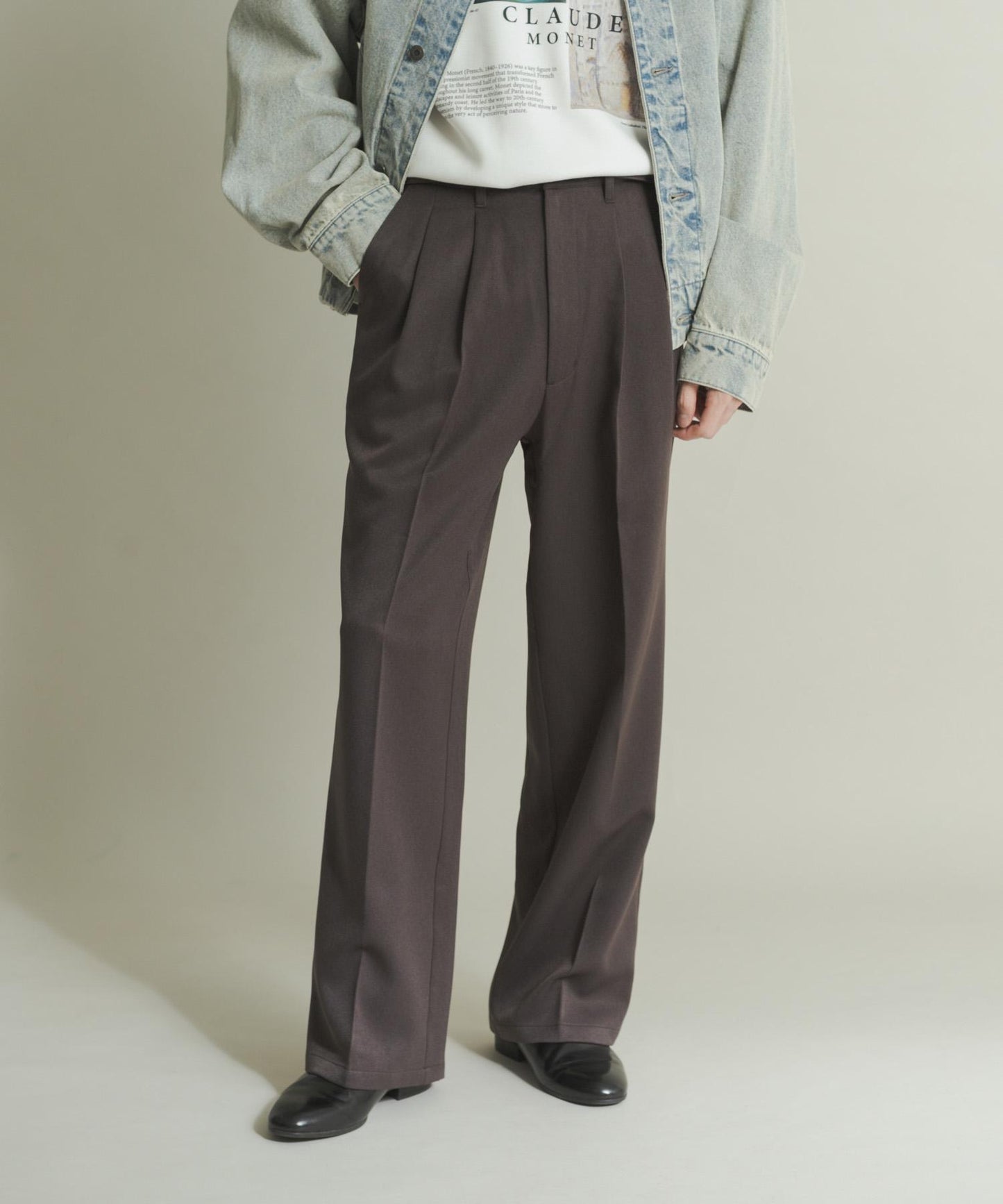 羊毛感雙褶寬腿褲