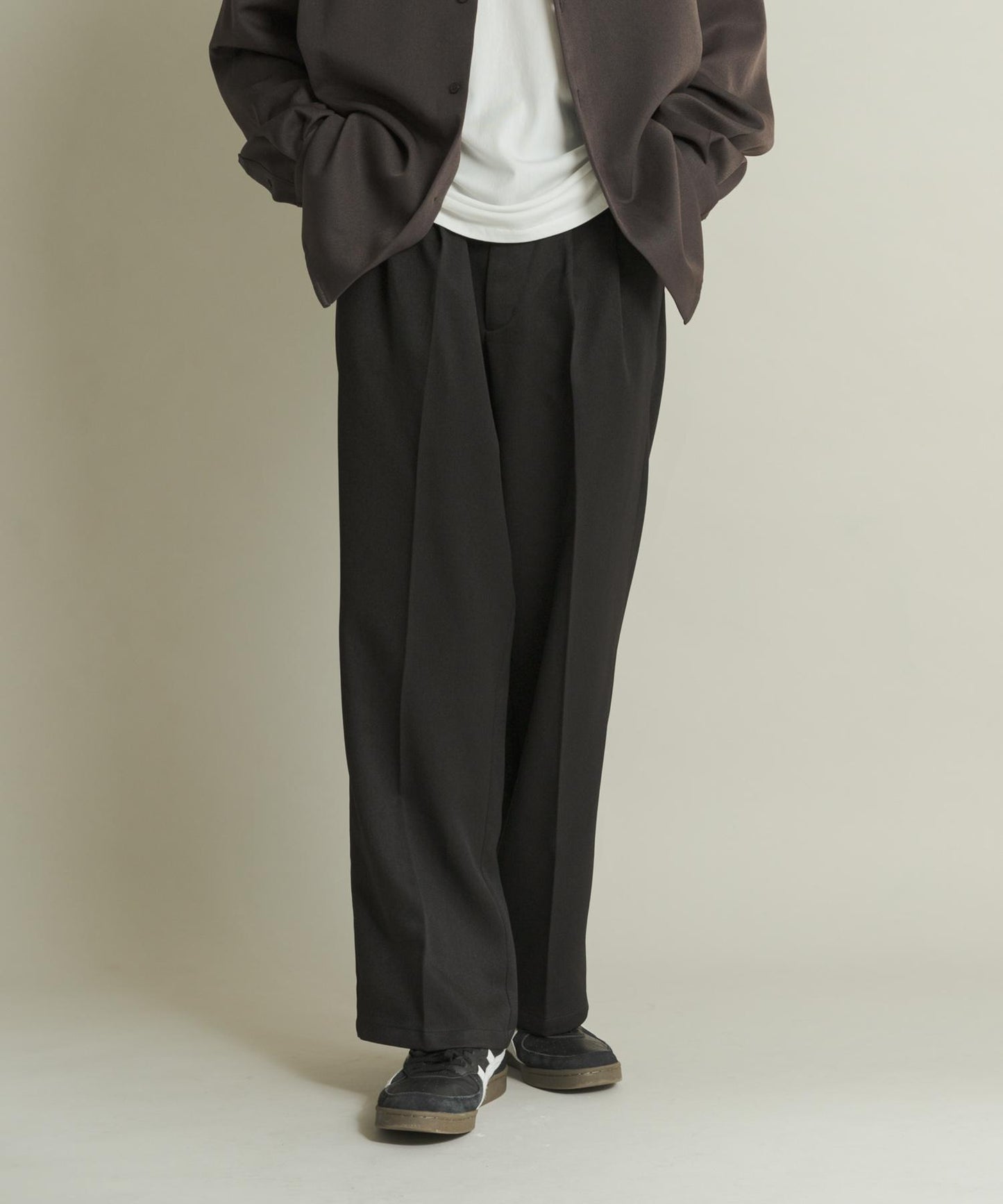 羊毛感雙褶寬腿褲