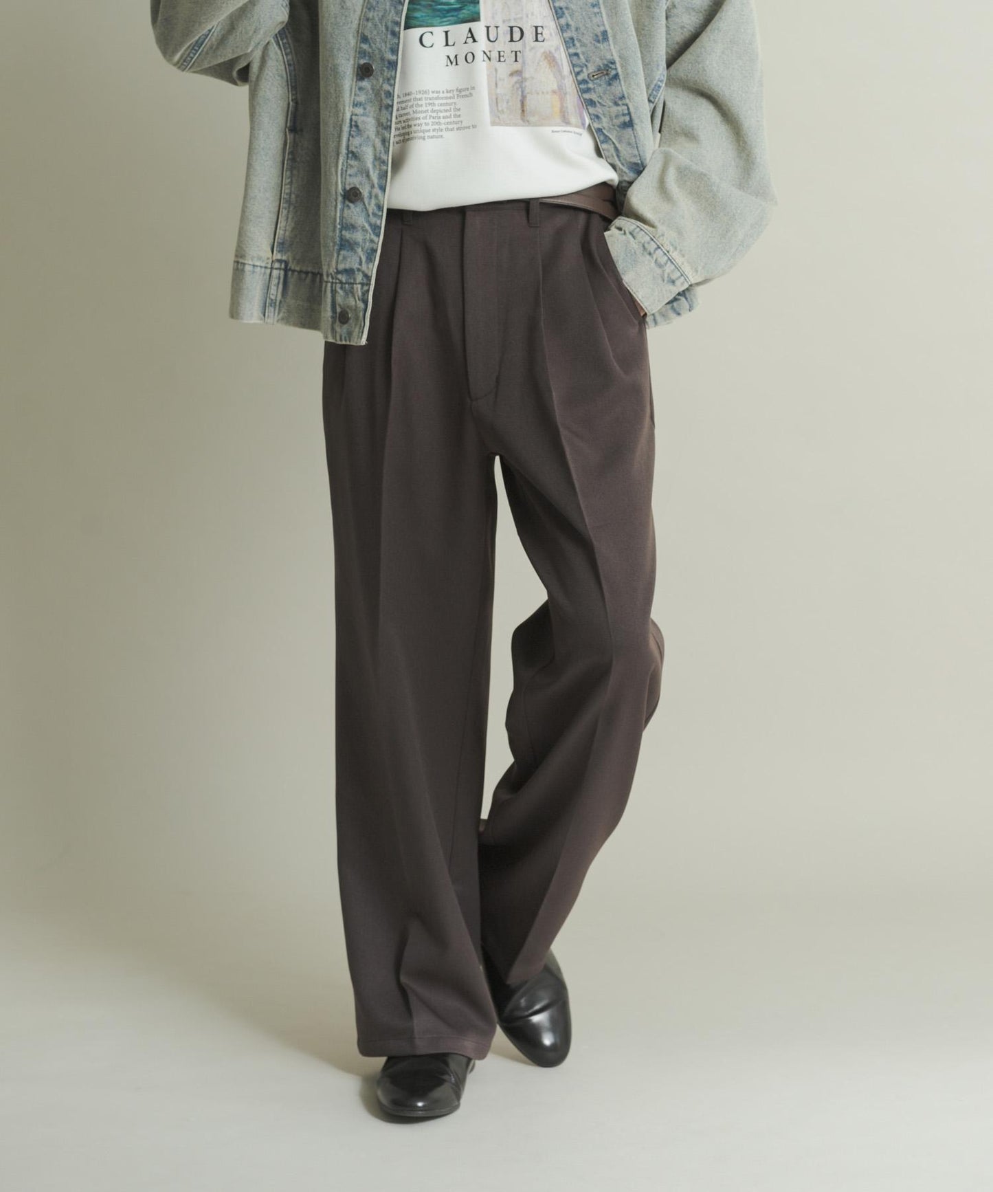 羊毛感雙褶寬腿褲