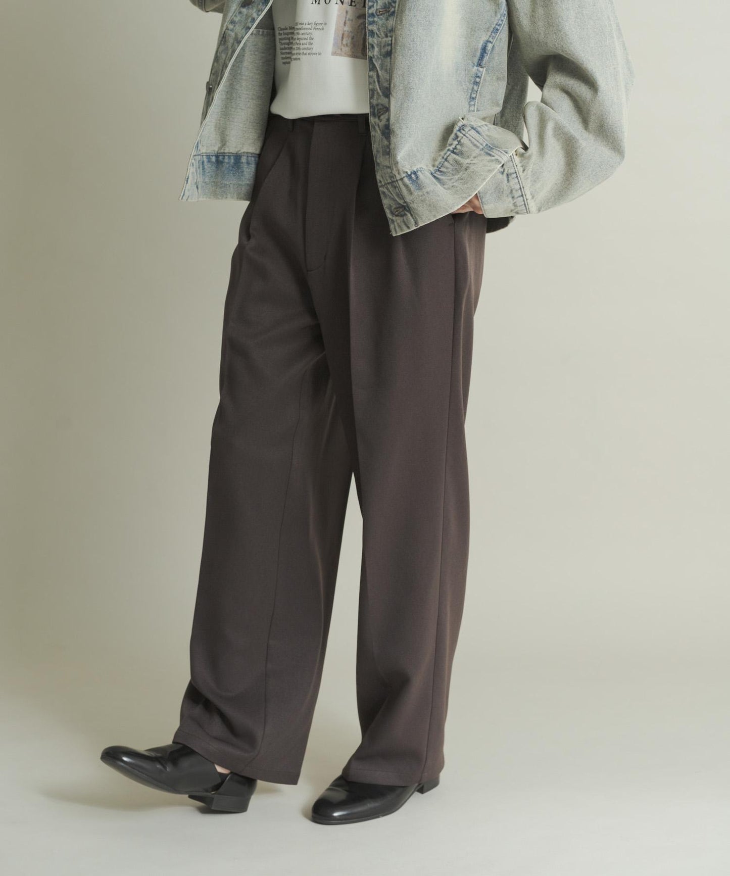 羊毛感雙褶寬腿褲