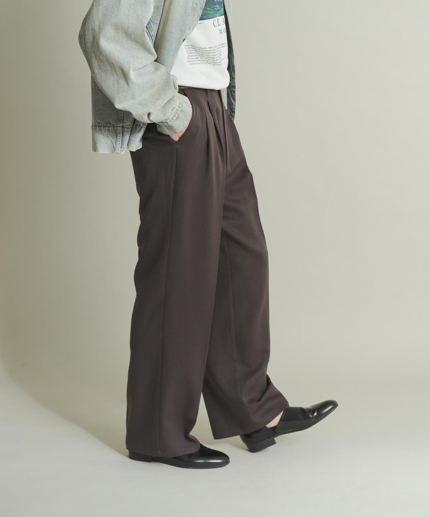 羊毛感雙褶寬腿褲