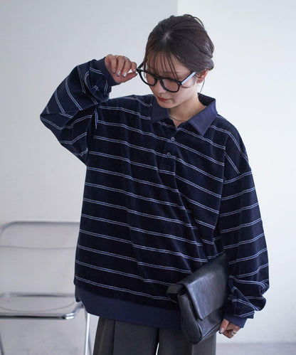 【Discoat】【男女同款】天鵝絨條紋POLO衫