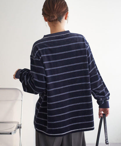 【Discoat】【男女同款】天鵝絨條紋圓領衫