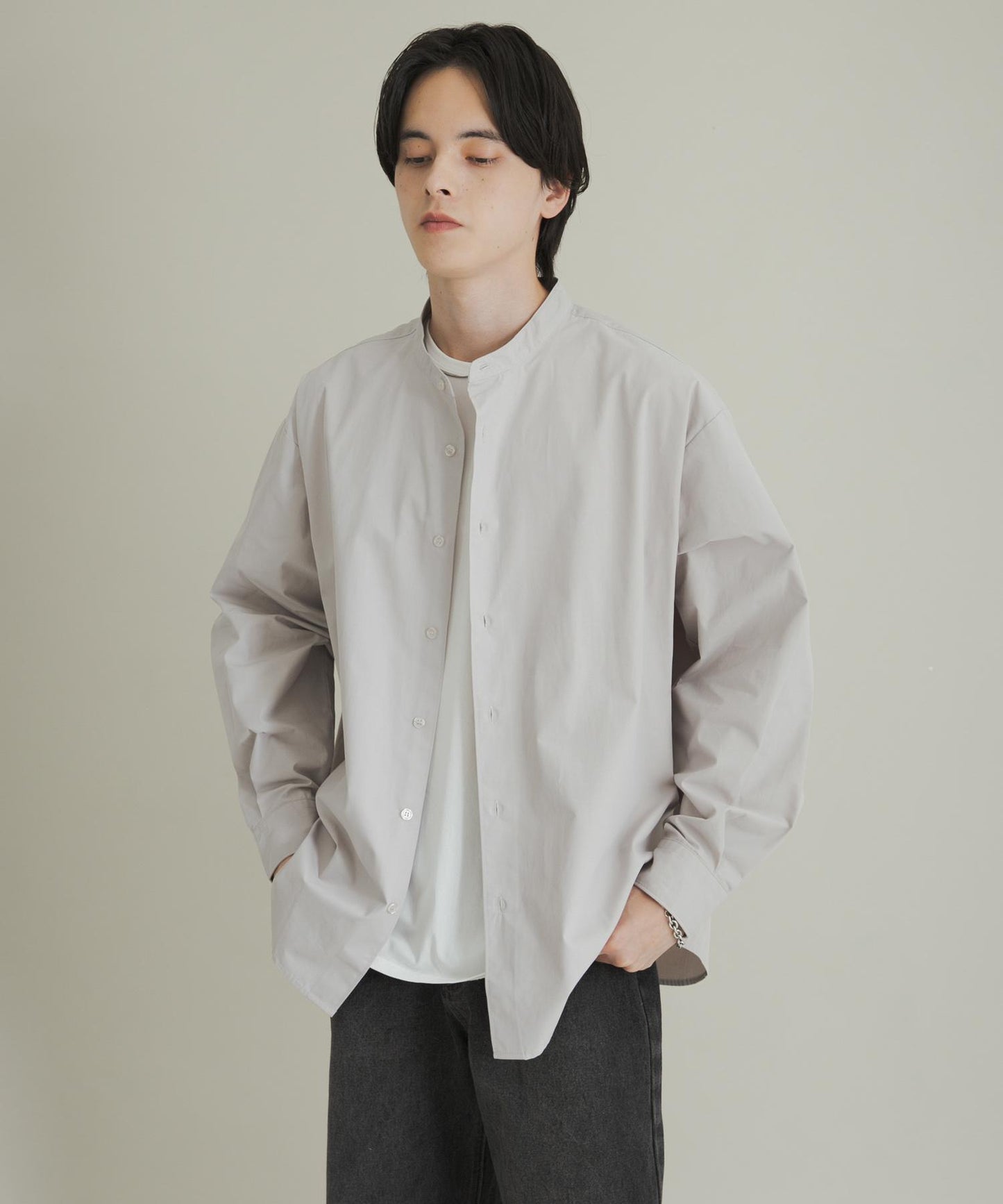 桃色寬鬆立領長袖襯衫