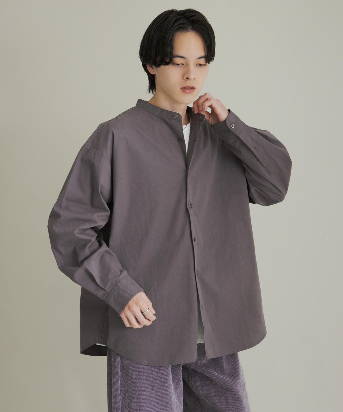 桃色寬鬆立領長袖襯衫