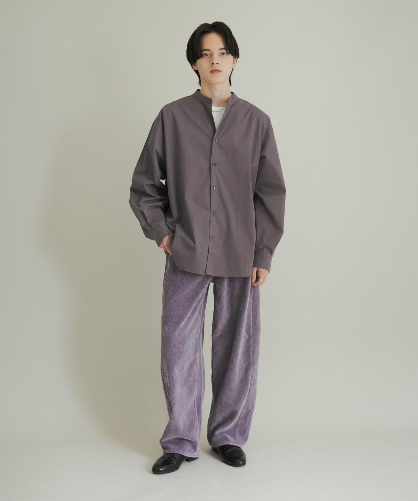 桃色寬鬆立領長袖襯衫