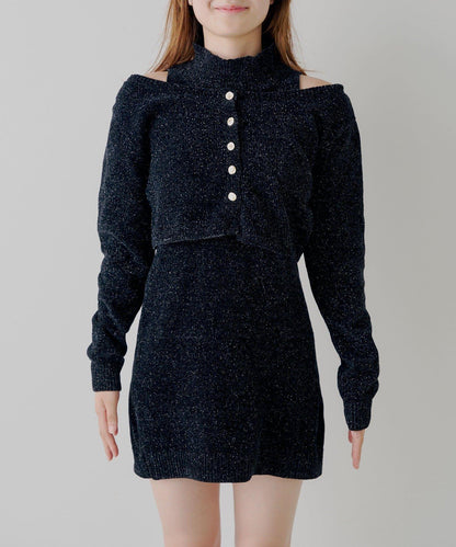 【Chico】天鵝絨無袖連衣裙+開衫套裝