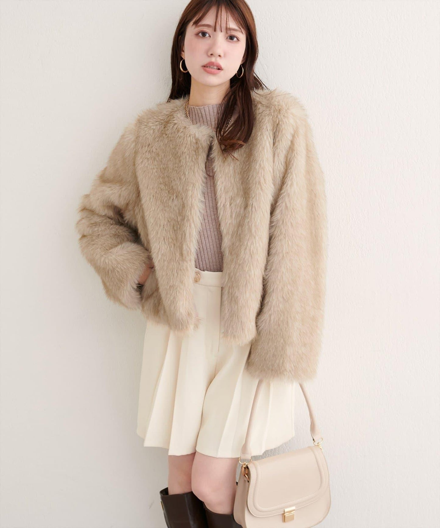 無領仿毛皮夾克