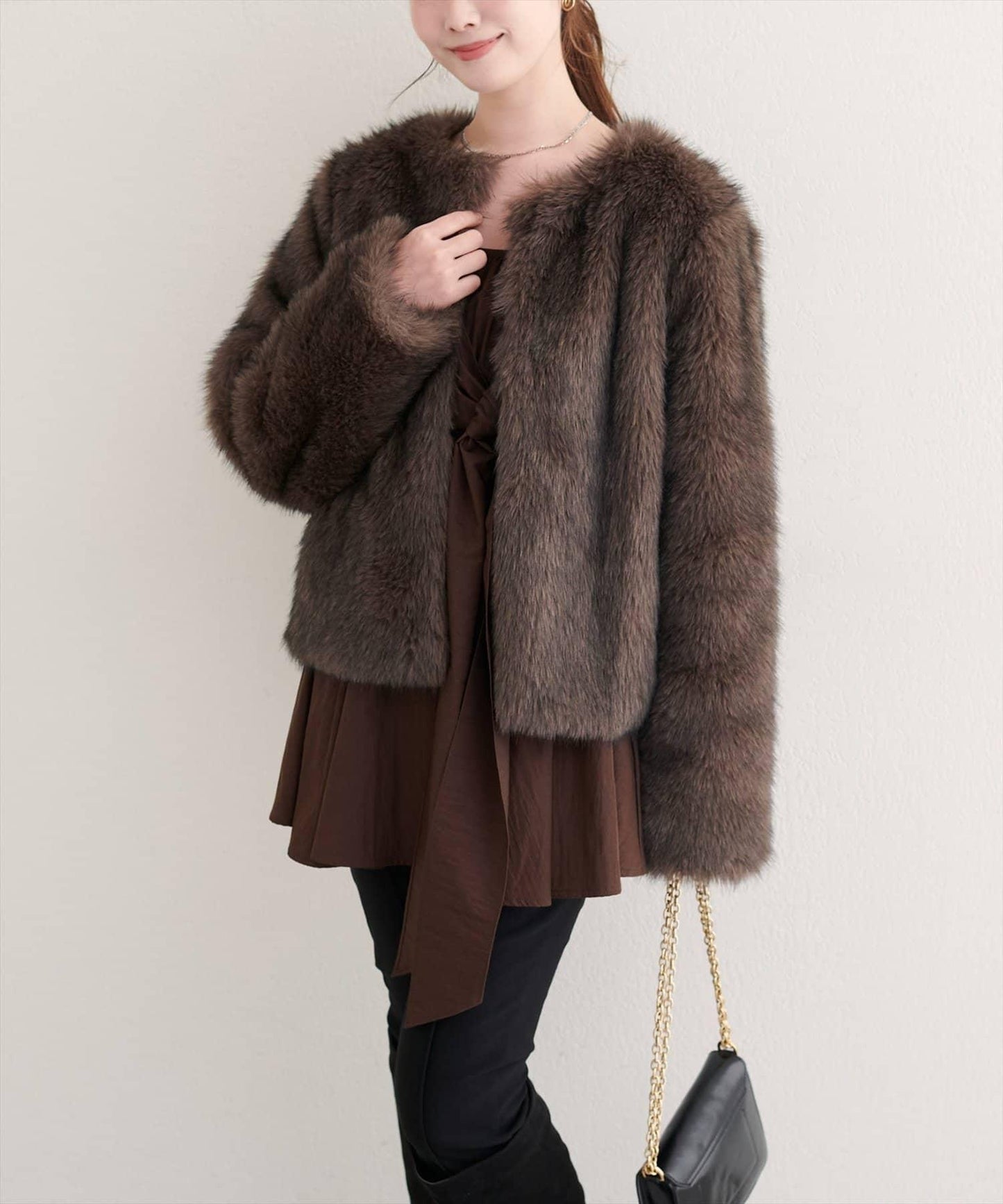 無領仿毛皮夾克