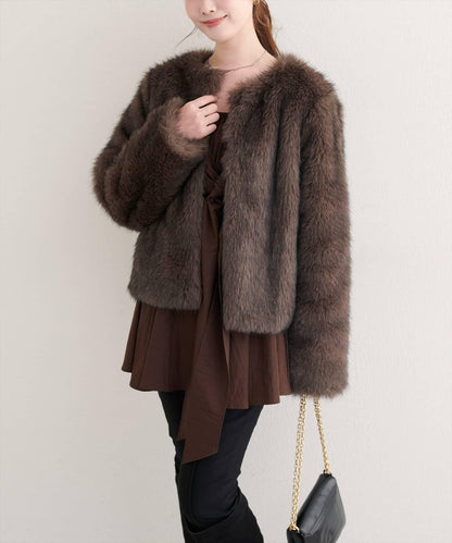 無領仿毛皮夾克