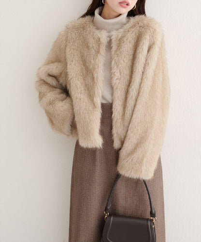 無領仿毛皮夾克
