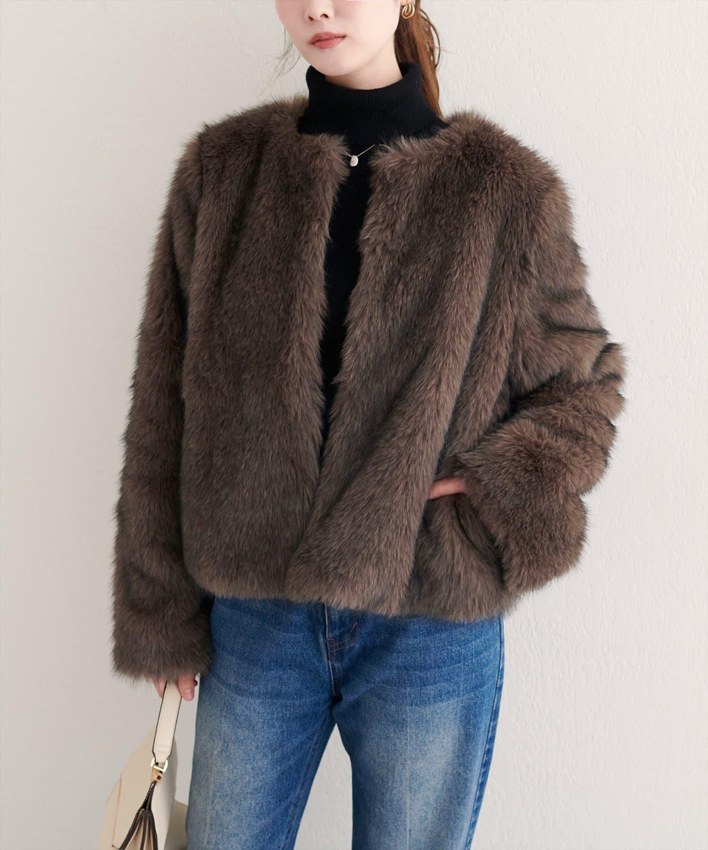 無領仿毛皮夾克