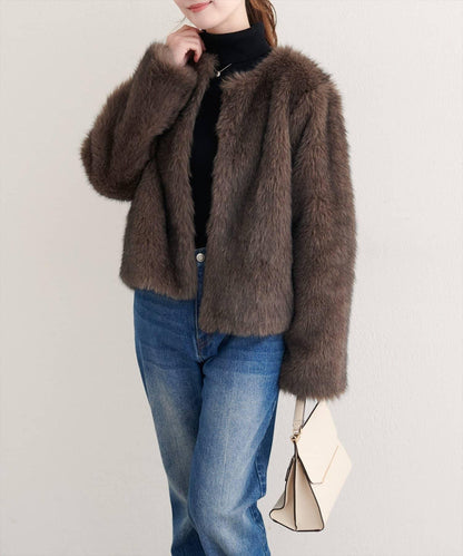 無領仿毛皮夾克