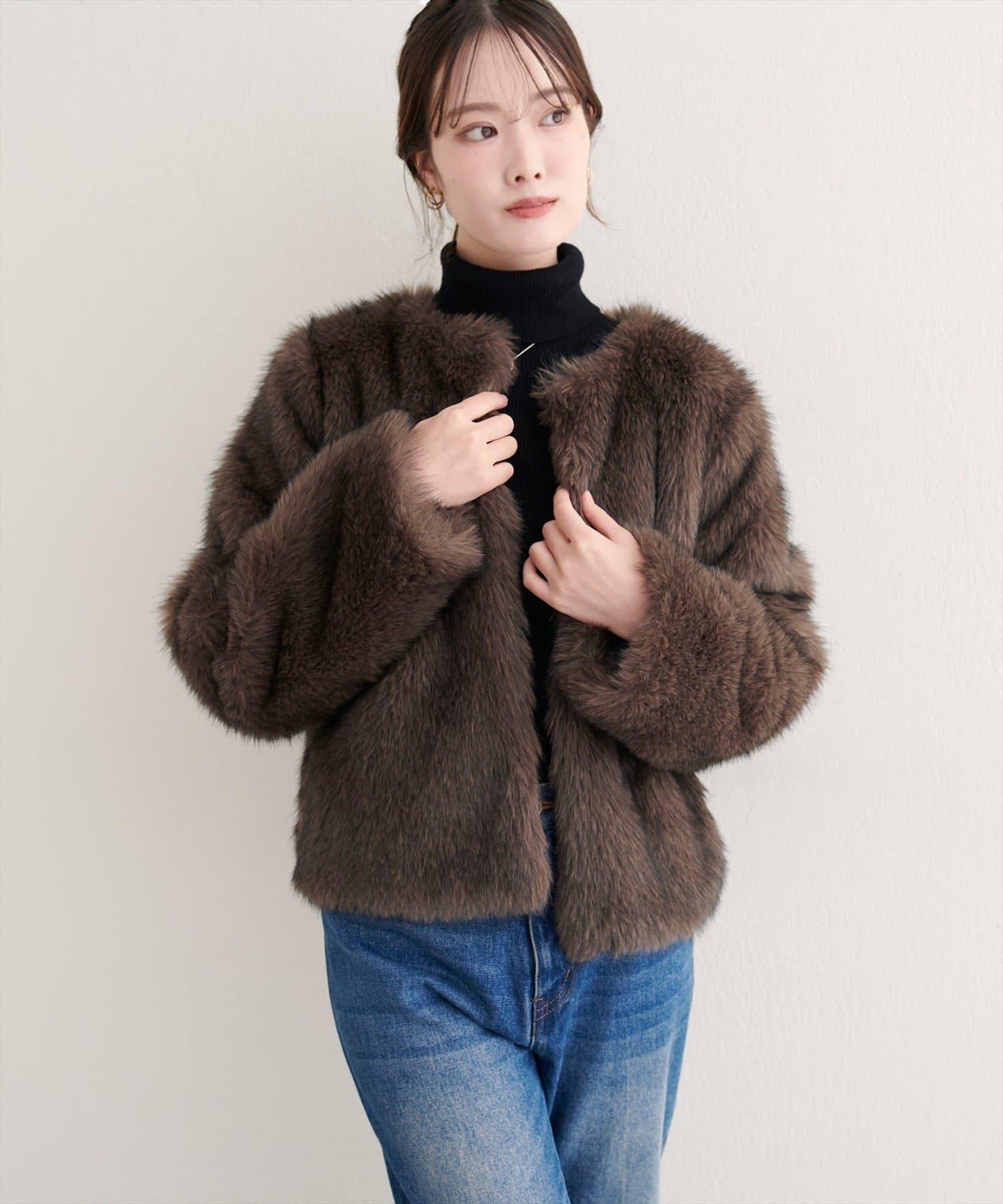 無領仿毛皮夾克