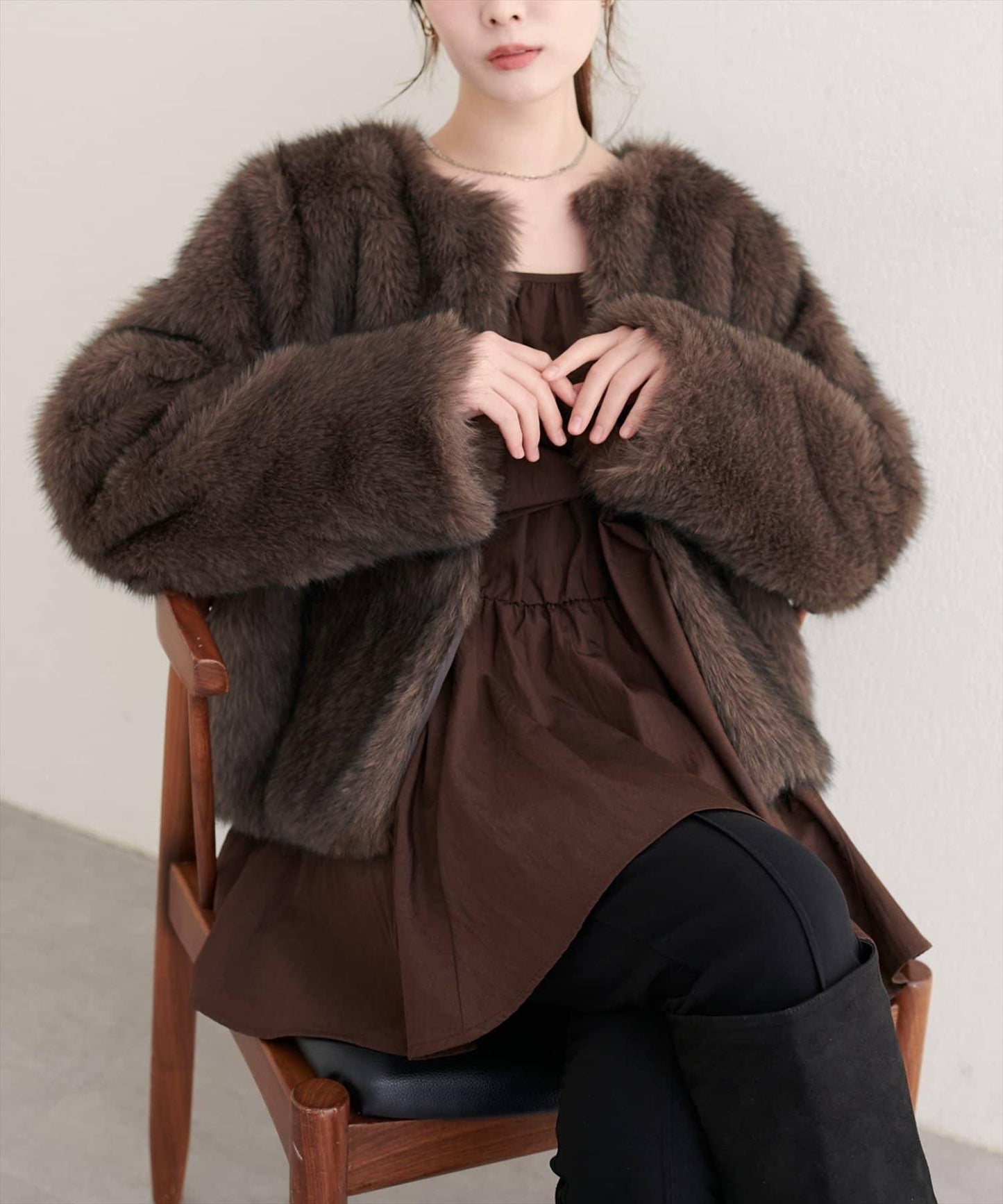 無領仿毛皮夾克