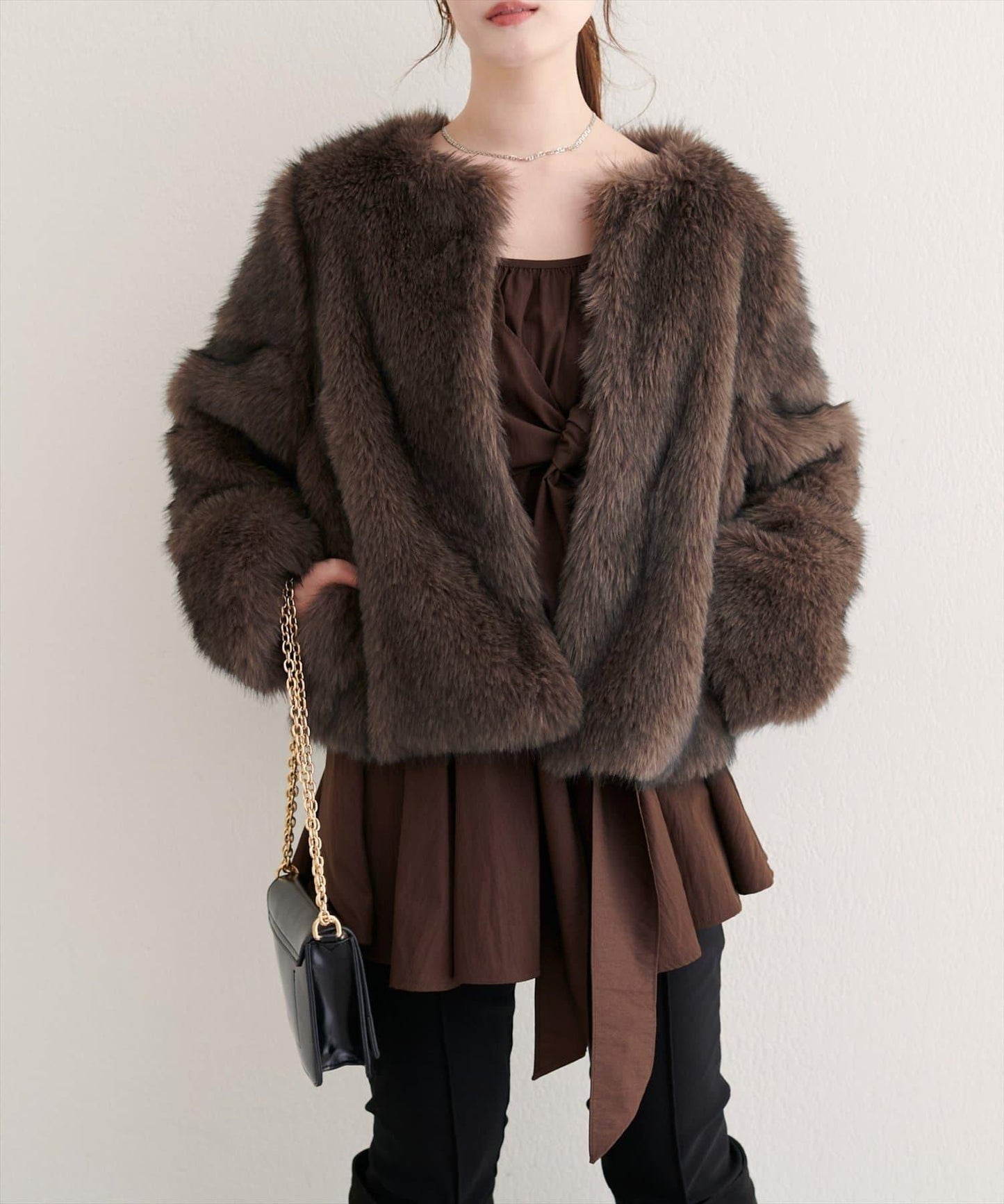 無領仿毛皮夾克