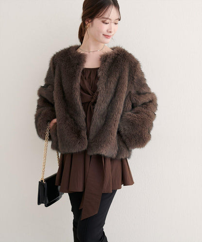 無領仿毛皮夾克