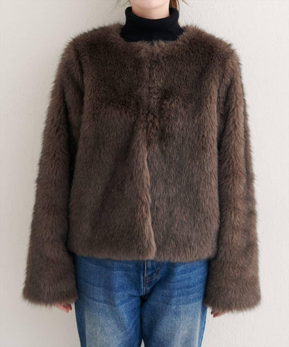 無領仿毛皮夾克