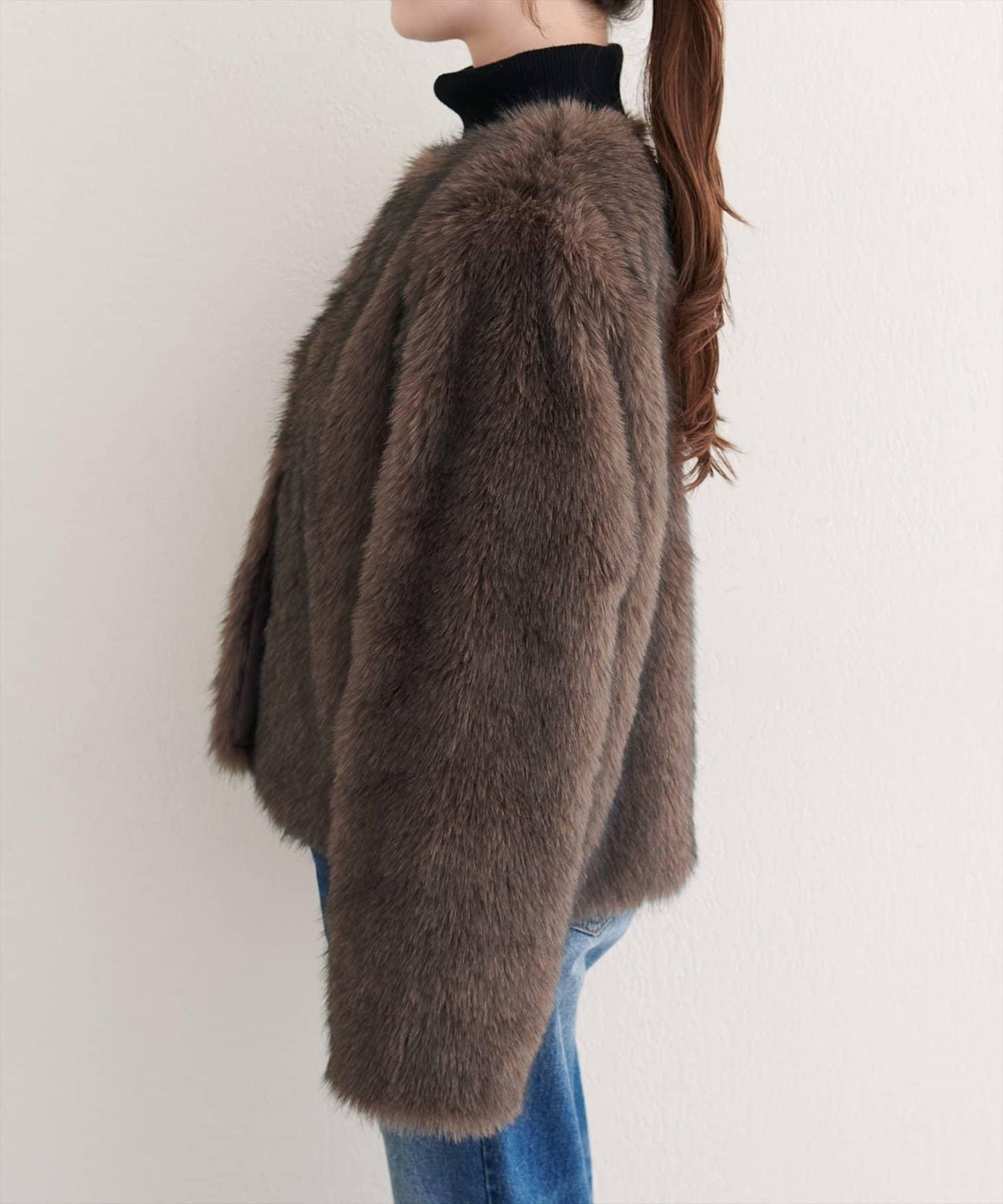無領仿毛皮夾克